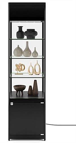 20" Display Case W/ LED Lights, Glass Shelves, Locking Hinged Door - Black - Image 4