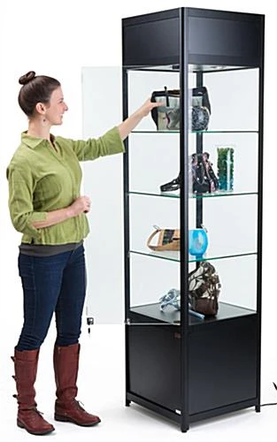 20" Display Case W/ LED Lights, Glass Shelves, Locking Hinged Door - Black - Image 10