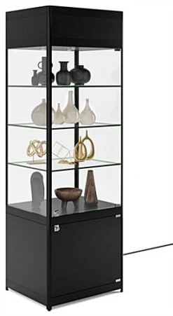 24" Display Case W/LED Lighting, Adjustable Shelves, Locking Hinged Door - Black