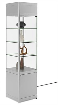 18" LED Display Case W/Cabinet Base, Adjustable Shelves & Locking Hinged Door -Silver