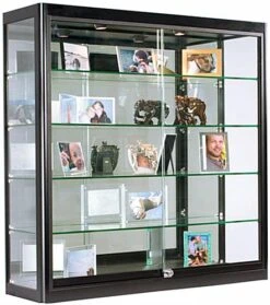 3x3 Wall Mounted Display Case W/Mirror Back & 2 Top LED Lights, Locking - Black