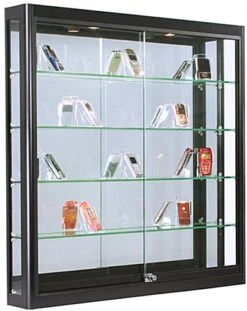 39 X 39 Wall Mounted Display Case W/Mirror Back & 2 Top LED Lights, Locking - Black