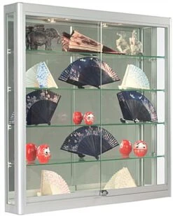 3x3 Wall Mounted Display Case W/Mirror Back & 2 Top LED Lights, Locking - Silver