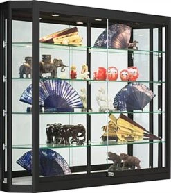 4x3 LED Wall Mounted Display Case W/Angled Front, Sliding Doors, Locking - Black